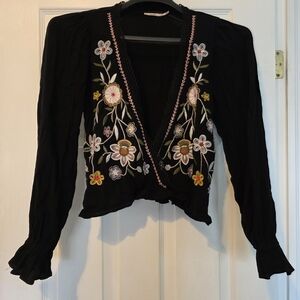 Mi Ami Black Embroidered Floral Wrap Blouse with Pink Trim